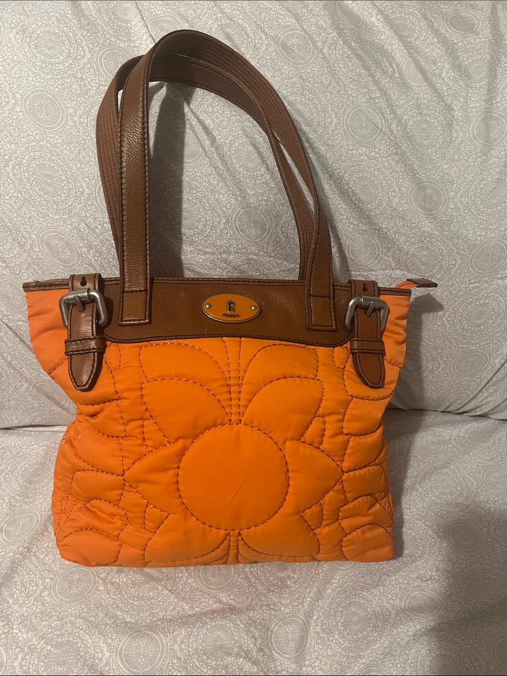 Fossil Quilted Orange Tote with Brown Leather Trim